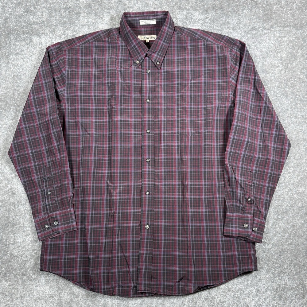 Foxfire Shirt Men's Large Maroon Gray Plaid Long Sleeve Button Up Poly Blend